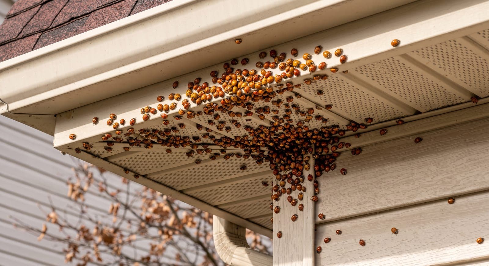Asian lady beetles clustering on a home's soffit