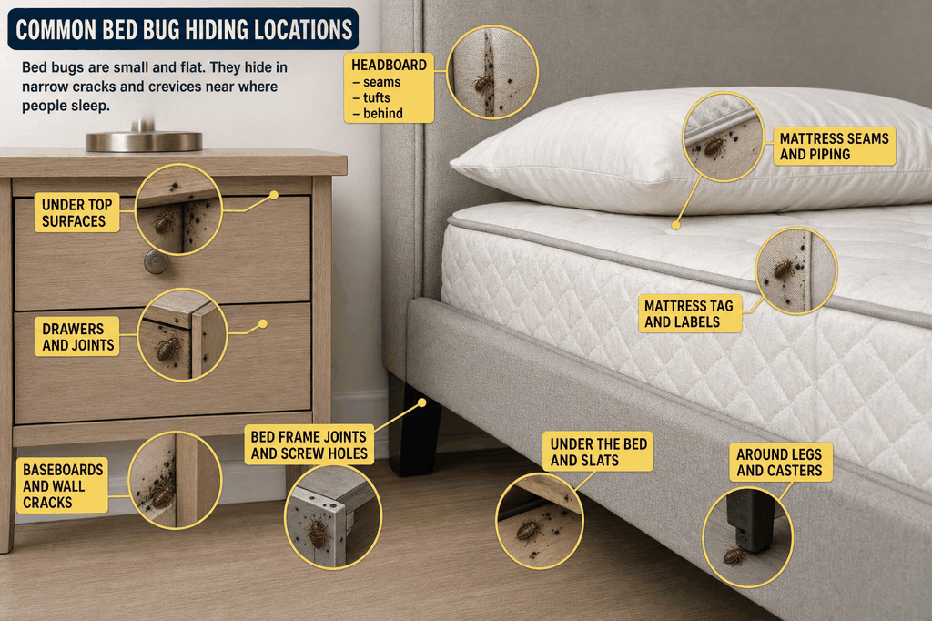 Bedroom graphic showing where bed bugs hide